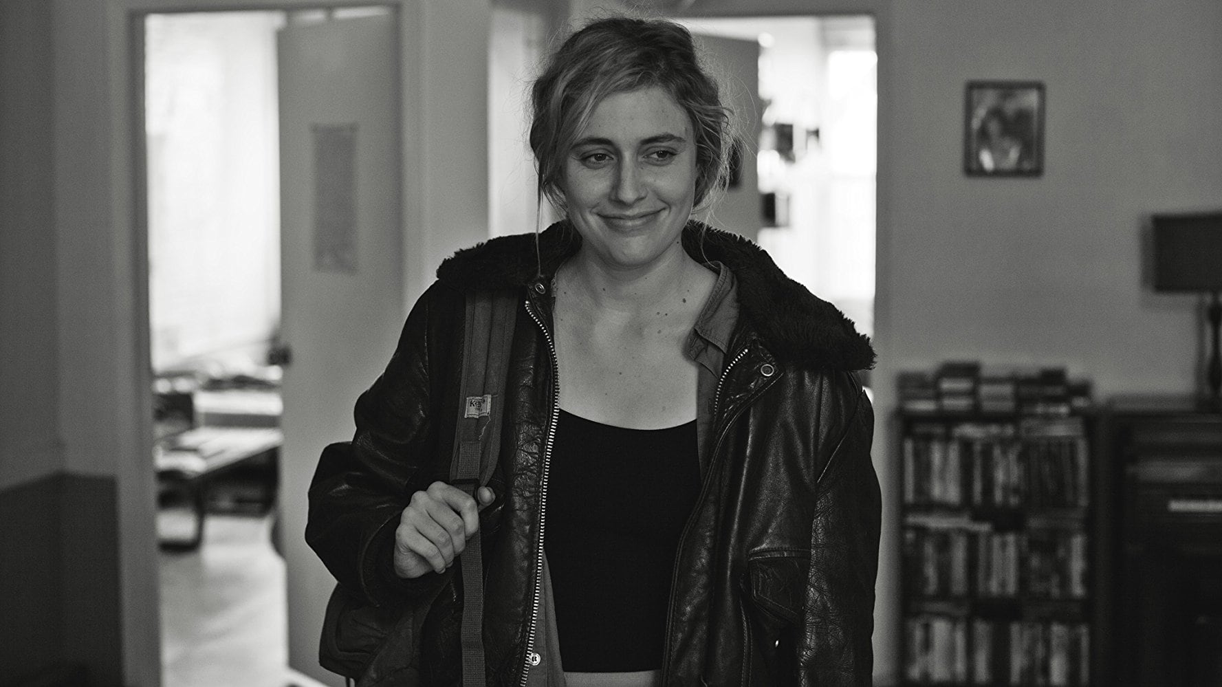 The Most Important Movie In The World: Frances Ha "Greta Gerwig in a leather jacket holding a bag"
